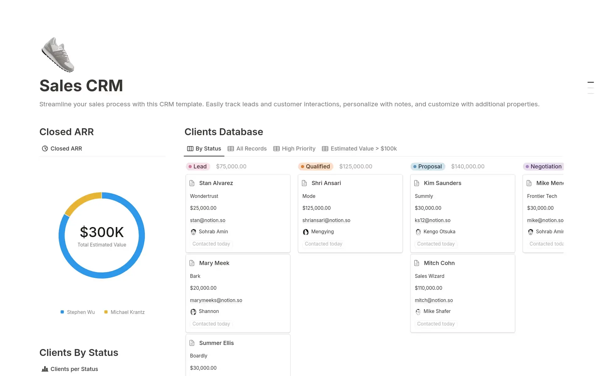 Notion CRM with pipeline and contacts